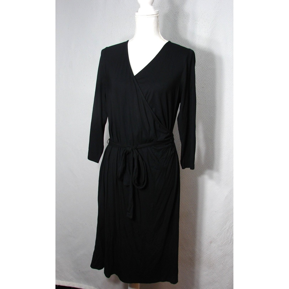 New Talbots Petite L Black Faux Wrap Dress V Neck Long Sleeve Below Knee LBD